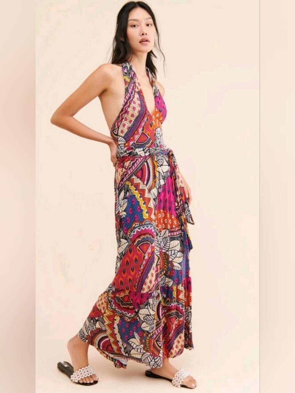 Maeve Cynthia Halter Maxi Dress Small Pink Geometric Jersey-Anthropologie